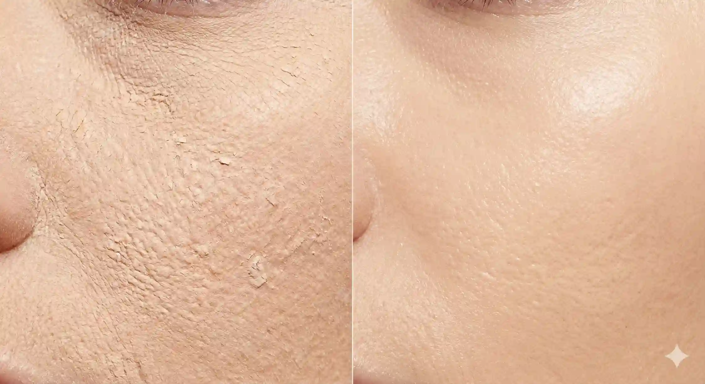 تفاوت نمای کیکی کرم پودر روی پوست خشک با نمای طبیعی و آبرسانی شده.