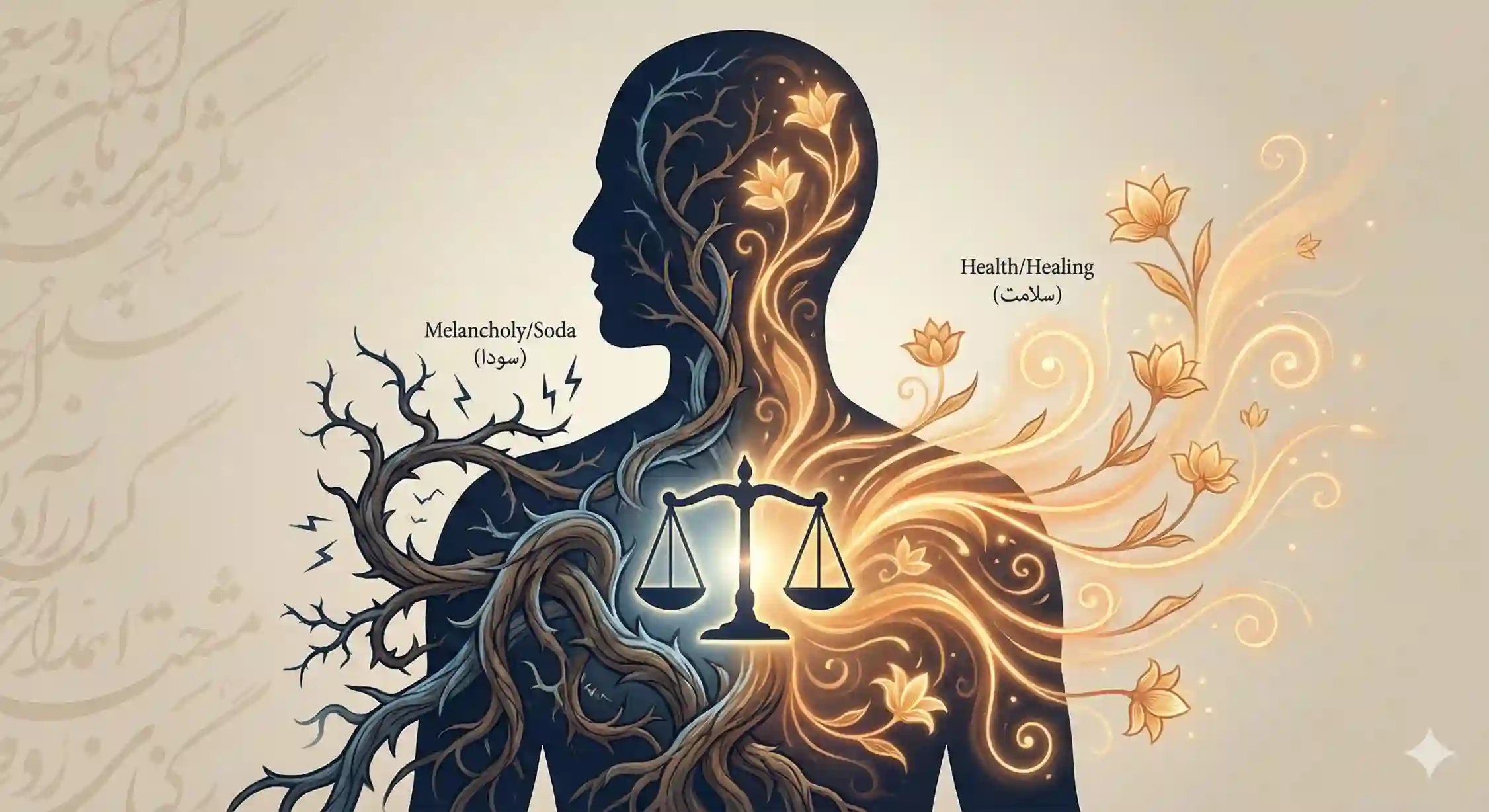 تصویر شماتیک غلبه سودا بر مغز و قلب و تاثیر آن بر ایجاد ترس و اضطراب در طب سنتی.